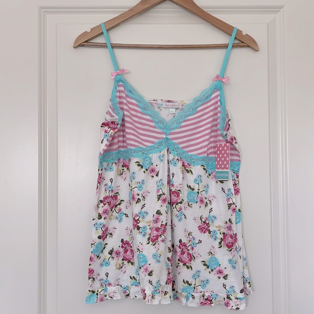 NWT Insomniax Floral Sleep Shirt XL Stripes, Light Blue Lace trim, Ruffle hem